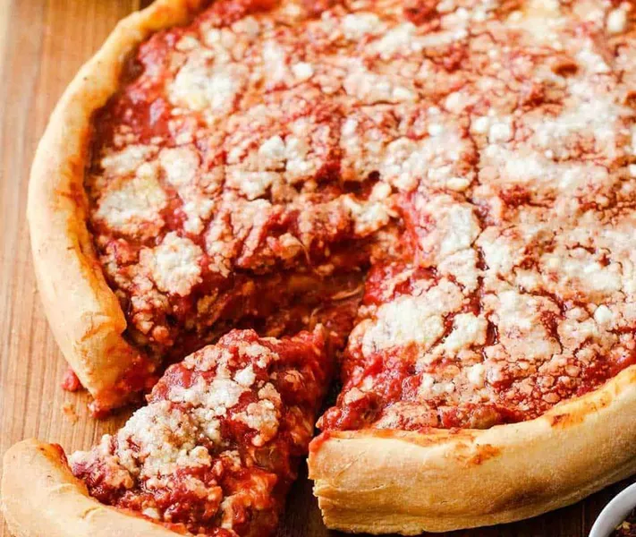 Chicago style deep dish pan pizza at Aldo's Pizza